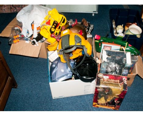 4 Boxes Of Assorted Toys to include star wars masks, terminator toy boxed, doctor who box, buzz light year, acion man, spider