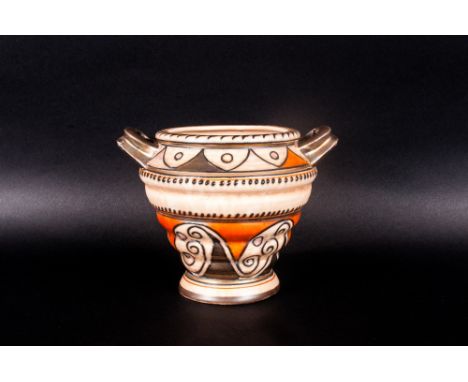 Charlotte Rhead Signed Crown Ducal Twin Handled Vase 'Arabian Scroll' Pattern Number 4926 'Black & Orange Lustre' fawn glaze.