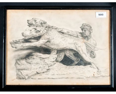 Rob Butler Framed Pencil Sketch Depicting A Muscular Middle Eastern Holding Back 2 Hunting Dogs, Dated 1927, 11 x 15 Inches
