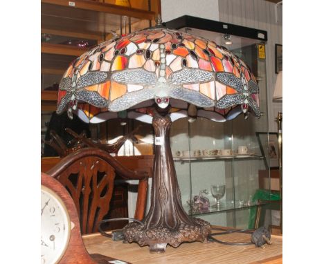 Art Deco Tiffany Style Mushroom Shaped Table Lamp shade decorated with cream, pink, amber/orange glass panels. 26'' in height