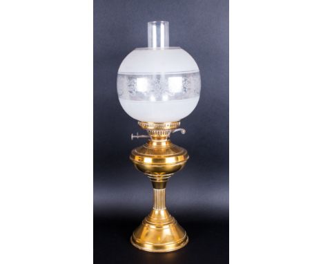 Antique Brass Twin Wick Table Oil Lamp, with Etched and Frosted Shade on Splayed Base. Stands 21.5 Inches Tall. Excellent Con