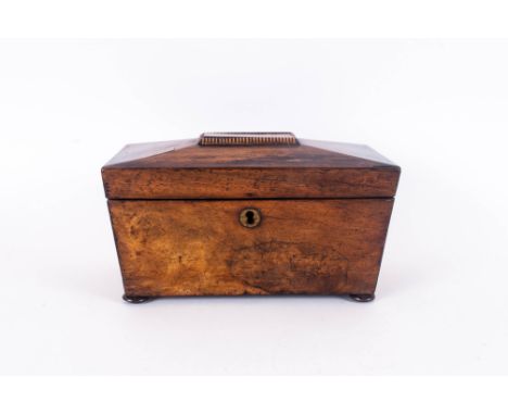Mid 19th Century Walnut Lidded Sarcophagus Shaped Twin Compartment Tea Caddy. standing on 4 ball feet complete with internal 