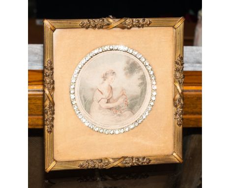 Victorian Brass Framed Print, Frame Stamped A.F, Diamante Circular Design With Angelica Kauffman Print, The Whole Measuring 5