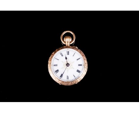 Edward VII - Very Fine 18ct Gold and Painted Enamel Small Open Faced Pocket Watch with Pale Pink Painted Dial, Gold Highlight