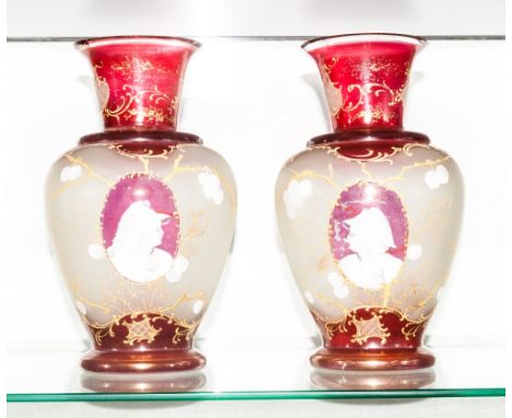 A Pair Of Impressive Bohemian Portrait Ruby & Cameo Glass Vases, Circa 1880's with gold overlay. Each stands 8.5'' in height.