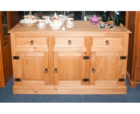 Modern Pine Sideboard, 3 Drawers Above 3 Cupboard Spaces With Single Shelf, Height 31 Inches, 54x17 Inches Deep