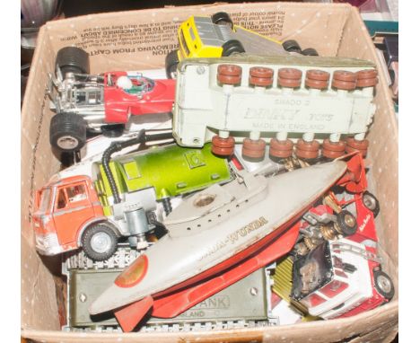 Box Containing A Quantity Of Loose Diecast Cars To Include Dinky Shado 2, Dinky Johnston Roadsweeper, Dinky Chieftain Tank, S