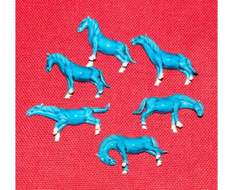6 Chinese Turquoise Ceramic Glazed Horse Figurines, Each 3 To 3.5 Inches In Length, AF