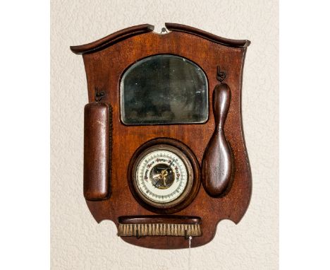 1940's Oak Combined Wall / Hall Barometer / Mirror and Vanity Brush Set. 17 Inches High, 13 Inches Wide. 