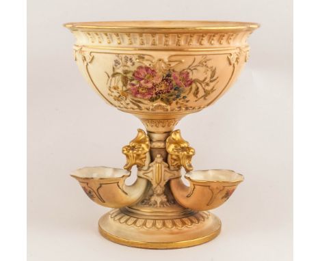 Royal Worcester Fine Handpainted Blush Ivory Table Centrepiece, modelled as a large centre bowl on a gilt mask moulded stem, 