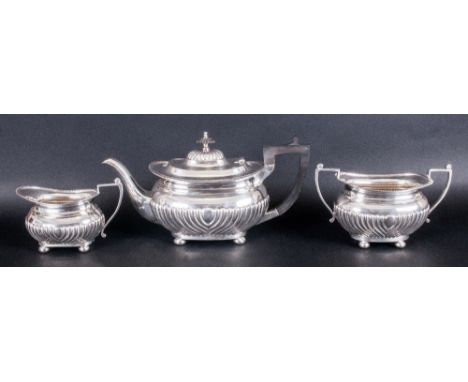 Edward VII Fine Silver Three Piece Tea Service Of Regency Form with half fluted decoration & pie-crust borders. Comprises Tea