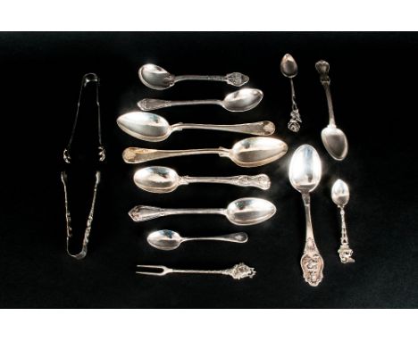 A Good Collection of Antique Swedish Silver Flatware - Spoons, Sugar-Tongs etc. All Hallmarked, Dates Include The 1840's, 187