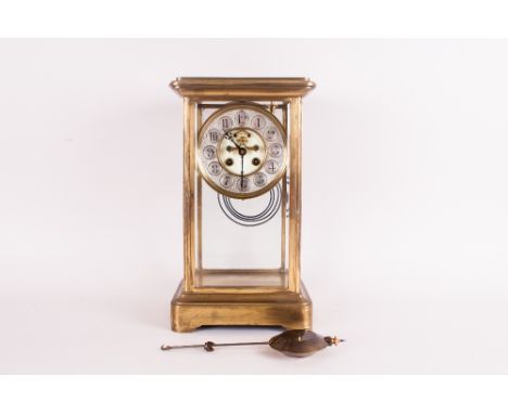 French Late 19th Century Corniche Cased Four Gilt Metal and Glass Panel Mantel Clock with 8 Day Twin Barrel Fusse Movement, S