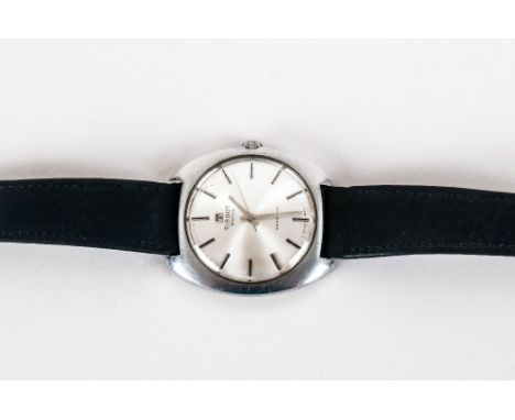 Tissot - 1960's Sea-Star Brushed Steel Wrist Watch with Original Tissot Leather Strap. Cushion Shaped Case, Screw Back Cover.