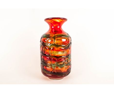 Mdina - Glass Vase, Ruby Red with Blue Overlay. c.1960. Mdina Etched to Base. 8.5 Inches High. Excellent Quality and Conditio