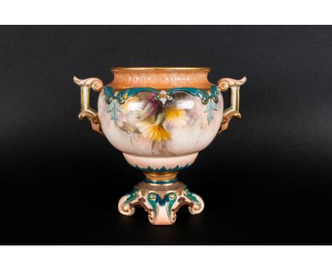 Royal Worcester Hadley's Hand Painted Twin Handled Floral Vase. c.1880's. Stands 5 Inches High. 