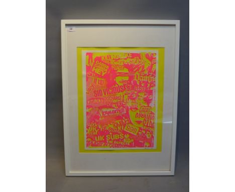 Screen print in Day-Glo pink and yellow featuring various Punk bands from The Seditionary T-Shirt Company from Vivienne Westw