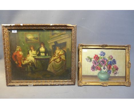 An early 20th Century oil on canvas depicting figures playing cards together with a still life oil on canvas. 