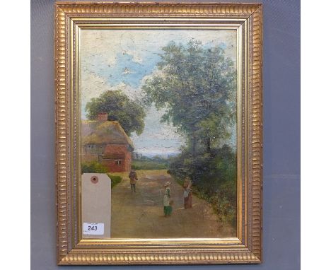 An oil on canvas, Country scene with a thatched house, man walking with a stick and two young ladies, framed by Tom Pollock, 