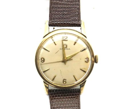 9ct gold Omega gents 17 jewel wristwatch with 1960 presentation inscription on an Omega leather strap. P&amp;P Group 1 (£14+V