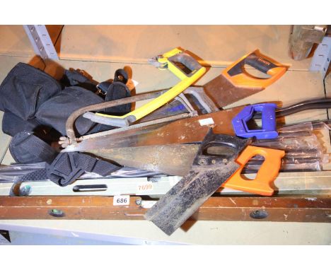 Mixed tools including saws and spirit levels. Not available for in-house P&amp;P, contact Paul O'Hea at Mailboxes on 01925 65