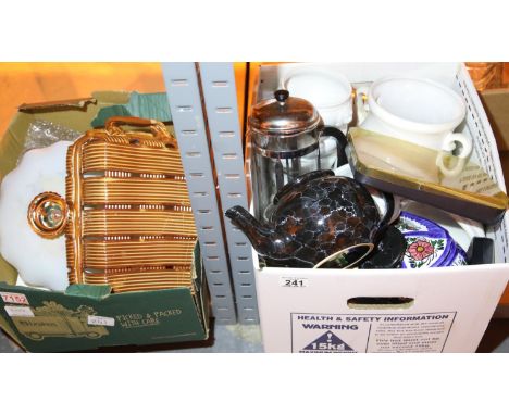 Two boxes of mixed items including ceramic kettles, ceramic two handled tray, planters etc. Not available for in-house P&amp;