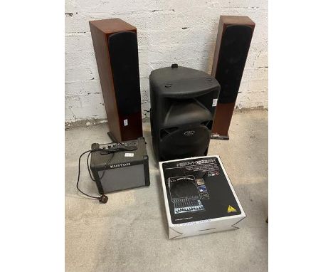 Stereo equipment including two monitor audio floor speakers each measuring 90cm high, also a Behringer stereo, a Kustom equal