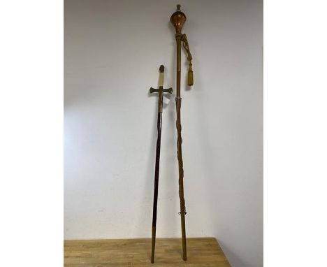An early 20thc drum majors staff with possible later thistle finial, brass copper and wood, measures 141cm along with a repro
