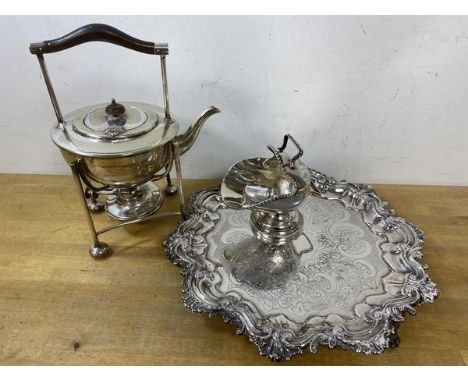 A collection of Epns including a kettle and stand which measures 28 cm high, footed salver and sugar scuttle with scoop (a lo