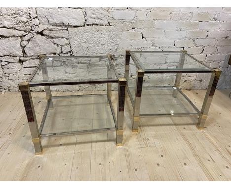 A pair of Peirre Vandel contemporary brass, chrome and glass two-tier lamp tables, measures 50cm x 58cm x 58cm