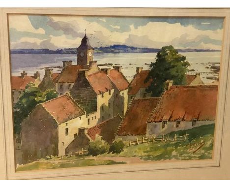 W R Ovens, village overlooking harbour, watercolour, signed and dated bottom right, framed, 27cm x 37cm