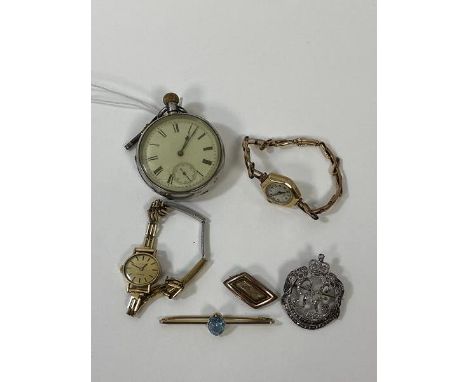 A mixed lot of jewellery and watches including an 1884 silver open faced pocket watch, measures 5cm diameter, a yellow metal 