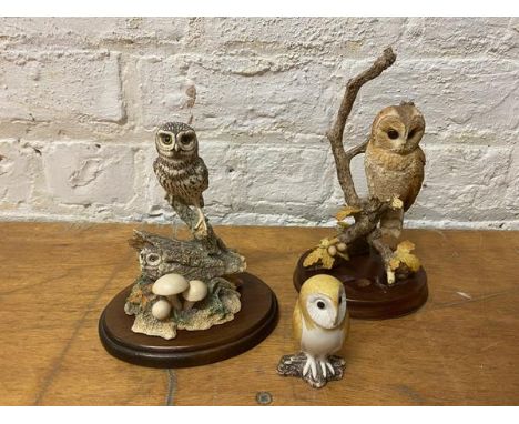 A Border Fine Arts sculpture Little Owl and Owlet, on base, measures 18cm high and another owl which is unmarked, standing on