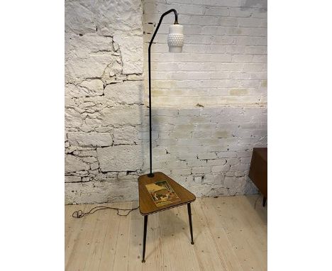 A Mid Century style lamp table with opaque nobbled shade, the table top with inlaid scene depicting thatched cottage on splay