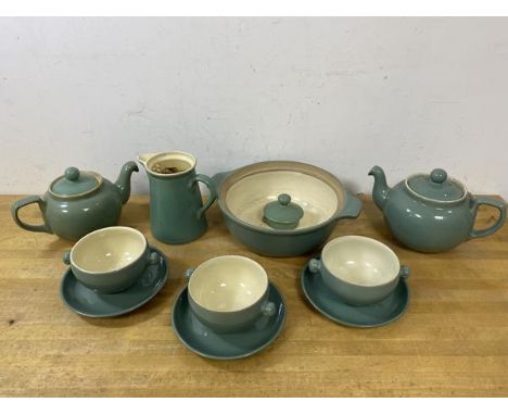 A Denby china including two teapots, larger measures 13cm high, three bowls or cups with saucers etc (a lot)