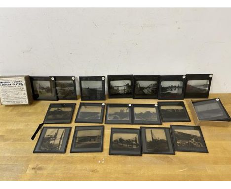 A collection of early 20thc glass slides, all depicting bridges and railways under construction after damage, possibly WWI in