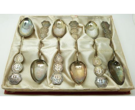 Set of six silver Chinese spoons with bamboo and Chinese character mark