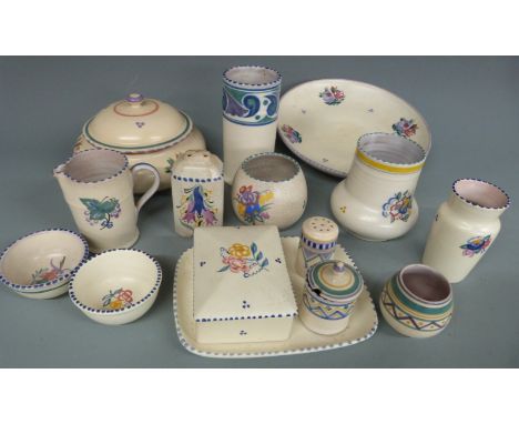 Poole and Carter Stabler Adams pottery including lidded muffin dish, vase, pedestal dish, jugs, cruets etc, tallest, 14.5cm