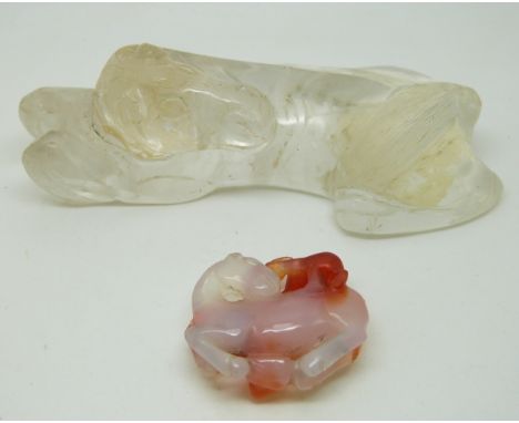 Chinese rock crystal carving of a&nbsp;recumbent horse and an agate model of a monkey and horse&nbsp;
