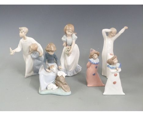 Six Nao child figures including two clowns, girl with rabbits etc, tallest 22cm&nbsp;