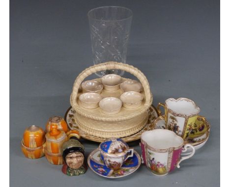 Victorian Royal Worcester egg cruet, Dresden cups and saucers, Shelley cruet, 19thC plate etc&nbsp;
