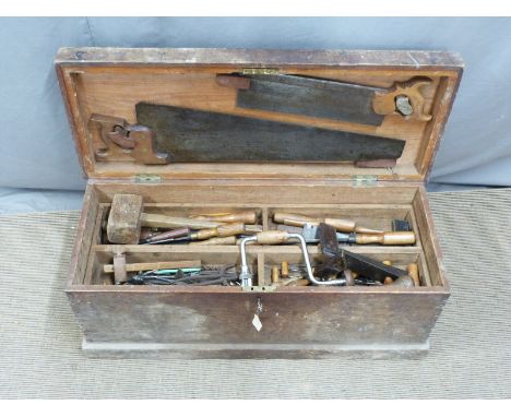 Victorian tool box with layered and fitted interior, with woodworking / carving chisels and brass inlaid rosewood tools. Some