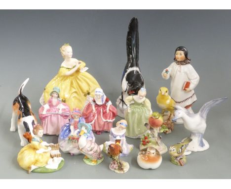 Royal Doulton figures including Monica, Bo-Peep, Goody Two Shoes, Picnic etc, Goebel birds, Lomonosov Inuit/native figure, ma