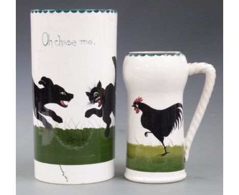 The Bristol Cat and Dog Pottery large cylindrial vase hand painted with a cat and dog scene entitled 'Oh chase me' and signed