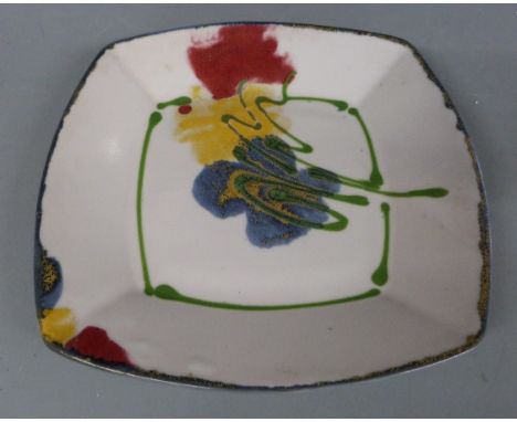 Janice Tchalenko pottery pedestal charger with yellow, red and green decoration