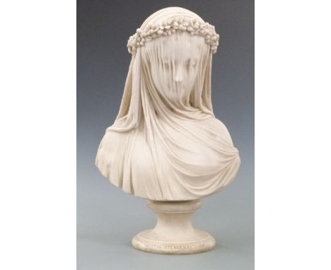 19thC Crystal Palace Art Union bust 'The Veiled Bride' on circular socle, possibly Copeland Spode, height 38cm