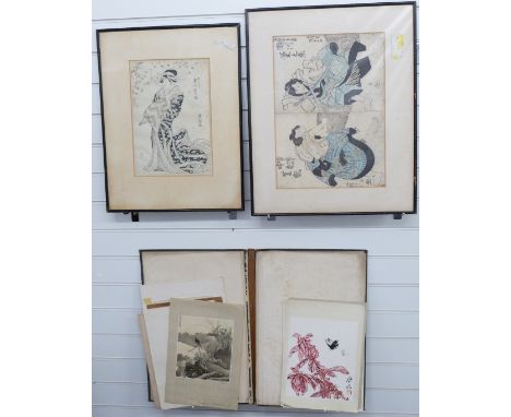 Two 19th/20thC Japanese prints, the first depicting an elegantly dressed lady 36 x 25cm, the second a Japanese fight scene 34