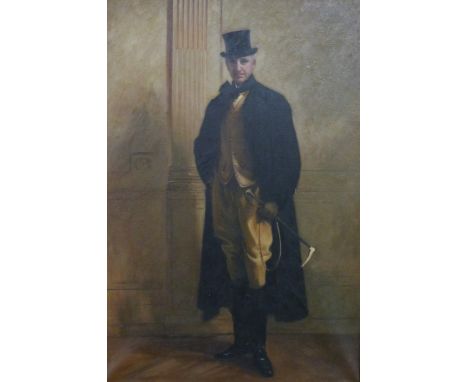 Oil on canvas full length portrait of a man wearing a top hat holding a rinding crop, 90 x 60cm, in ornate gilt frame