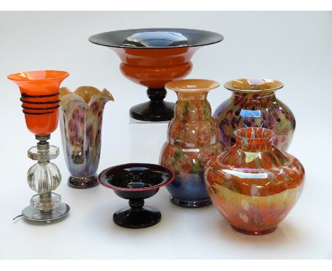 A collection of mainly Czechoslovakian/Bohemian art glass including an electric lamp, tazzas, vases etc, tallest 30cm, maximu