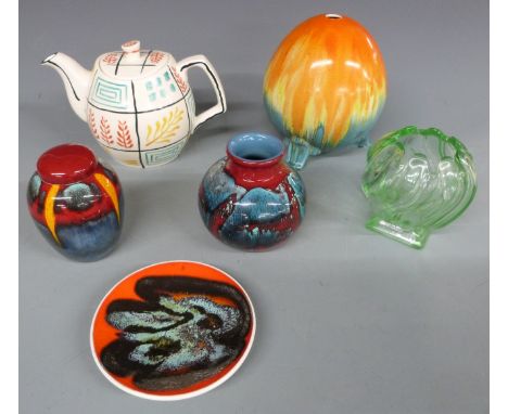 Poole pottery vase, ginger jar and dish, Gibson hand decorated teapot and an Art Deco lamp base, tallest 17cm&nbsp;